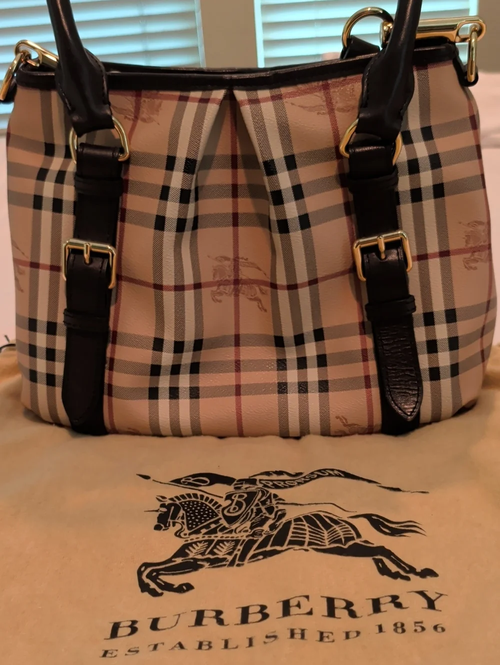 Burberry Beige Plaid Tote with Dark Brown Leather Trim and Gold Hardware